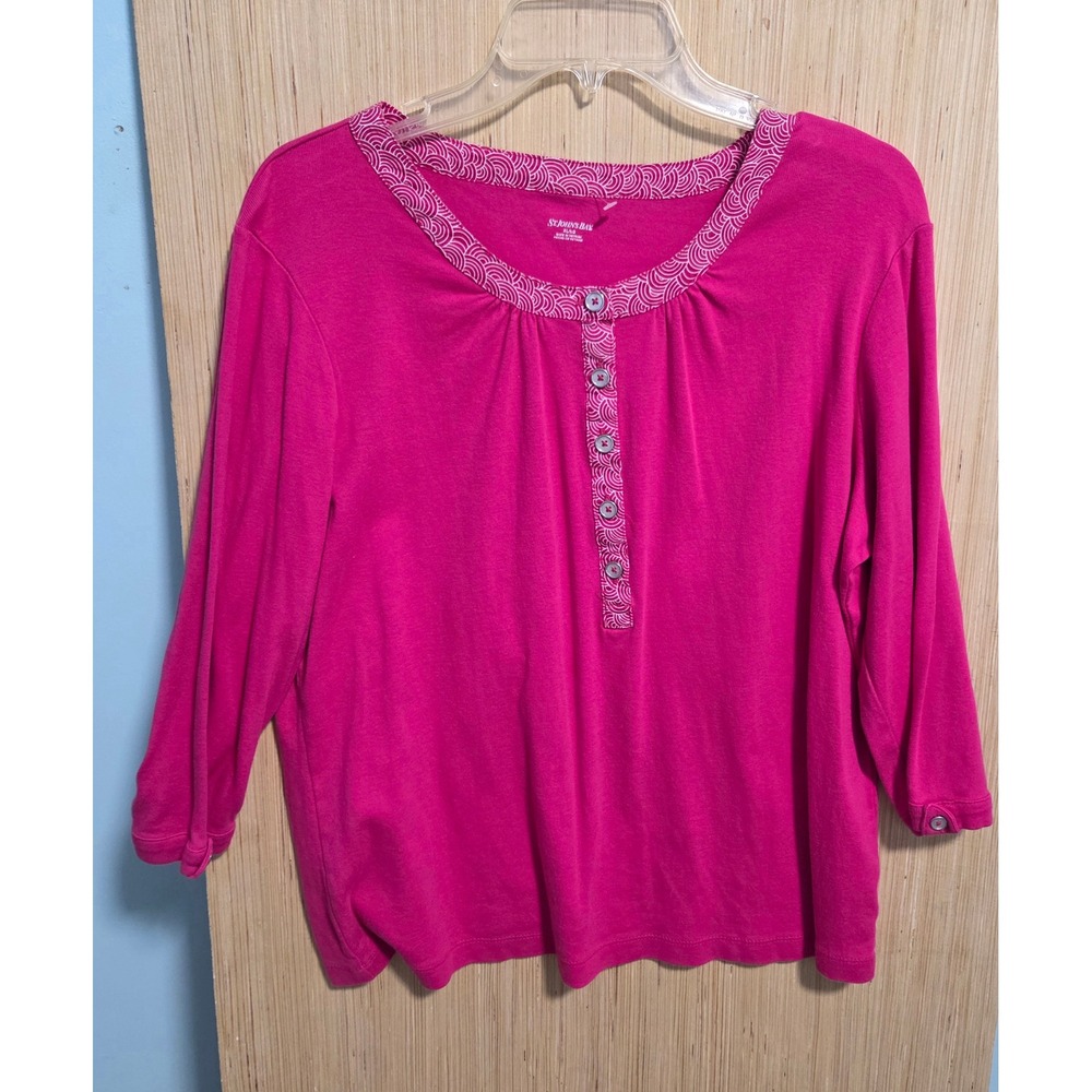 St Johns Bay Womens XL Pink Henley Top 3/4 Sleeve Patterned Trim Knit Shirt
